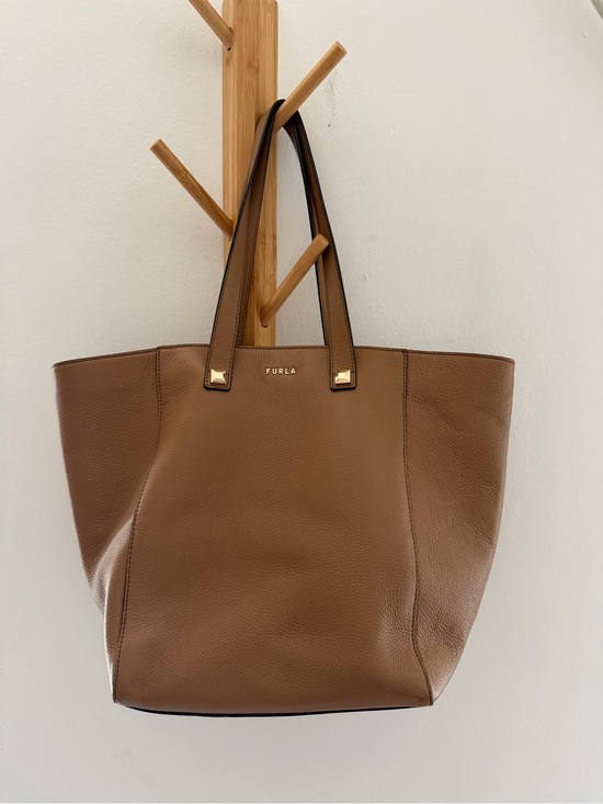 Furla Handbags - Furla Cognac Pebbled Leather Tote with Gold Accents
